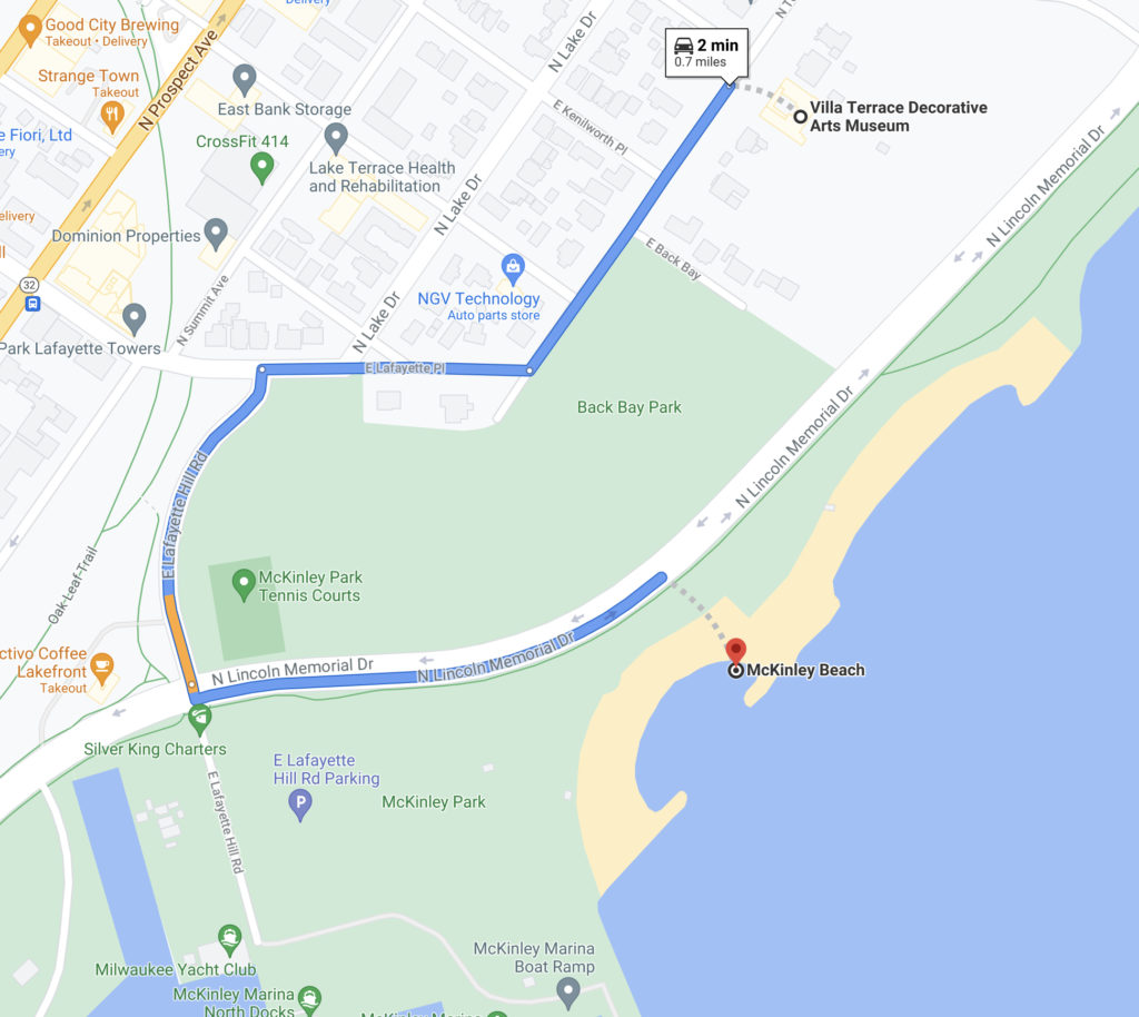 Map of drive from Villa Terrace to McKinley Beach in Milwaukee