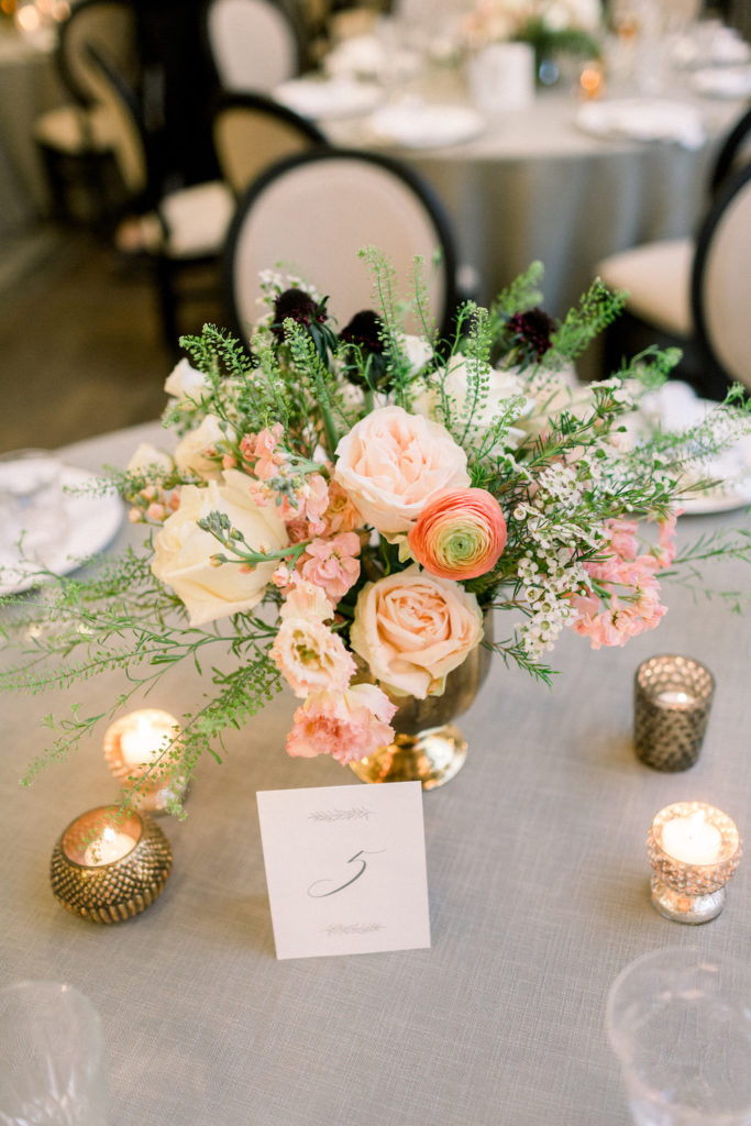 flower arrangement on wedding table